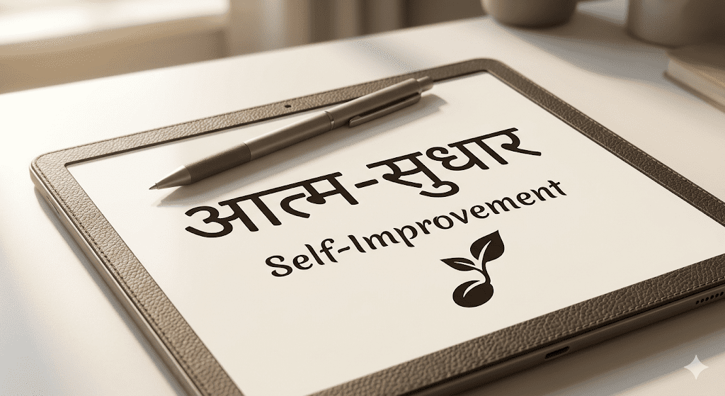A photograph of Kedar, a man with dirt on his clothes, standing on dry, rocky land holding up a mirror and looking into it. Inside the mirror, a single, glowing golden seed is visible. The sun sets, casting a warm glow, with a distant lush garden in the background.