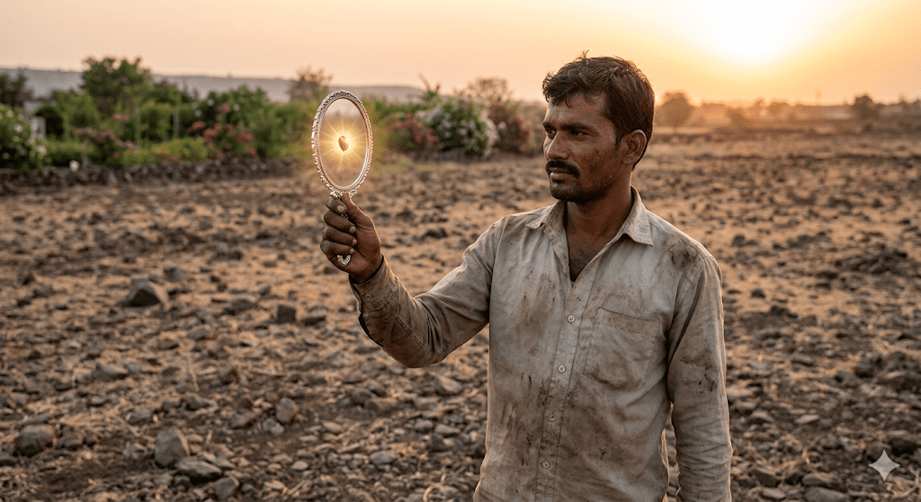 A close-up photograph of a modern digital tablet with a pen resting on its soft white screen. On the screen, the large Hindi text 'आत्म-सुधार' and English 'Self-Improvement' are written in a handwritten style, followed by a simple growing seed graphic. The background is a sunlit workspace.